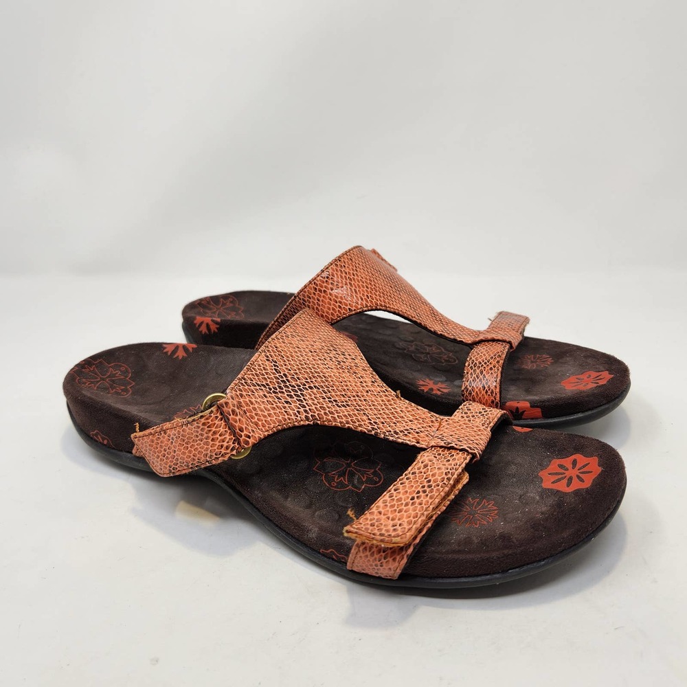 Orthaheel Womens Molly Orange Brown Snake Print Slip On Sandals Size 7 Comfort